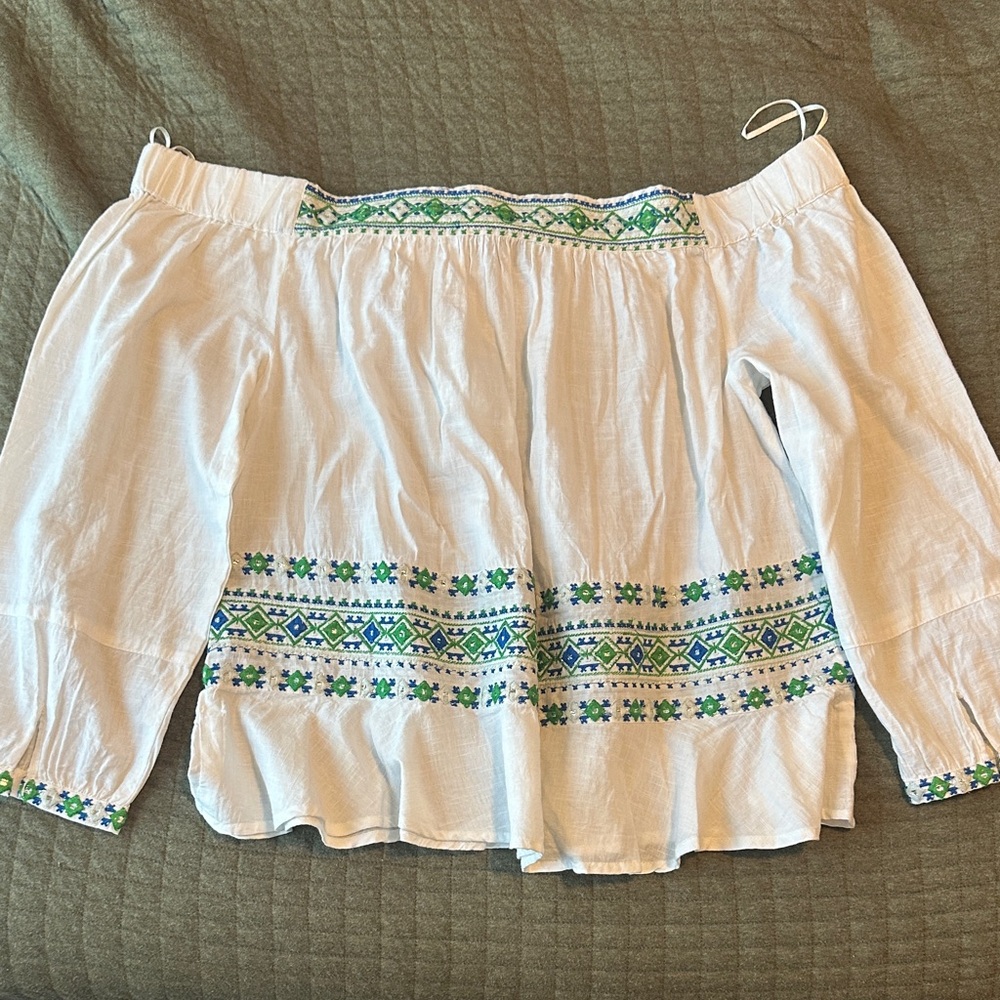 Handmade Off-Shoulder Top with Green and Blue Embroidery